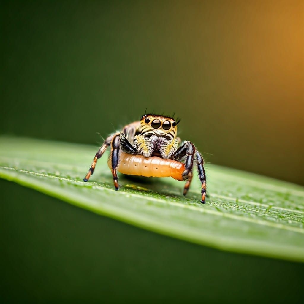 Jumping spider eating worm
