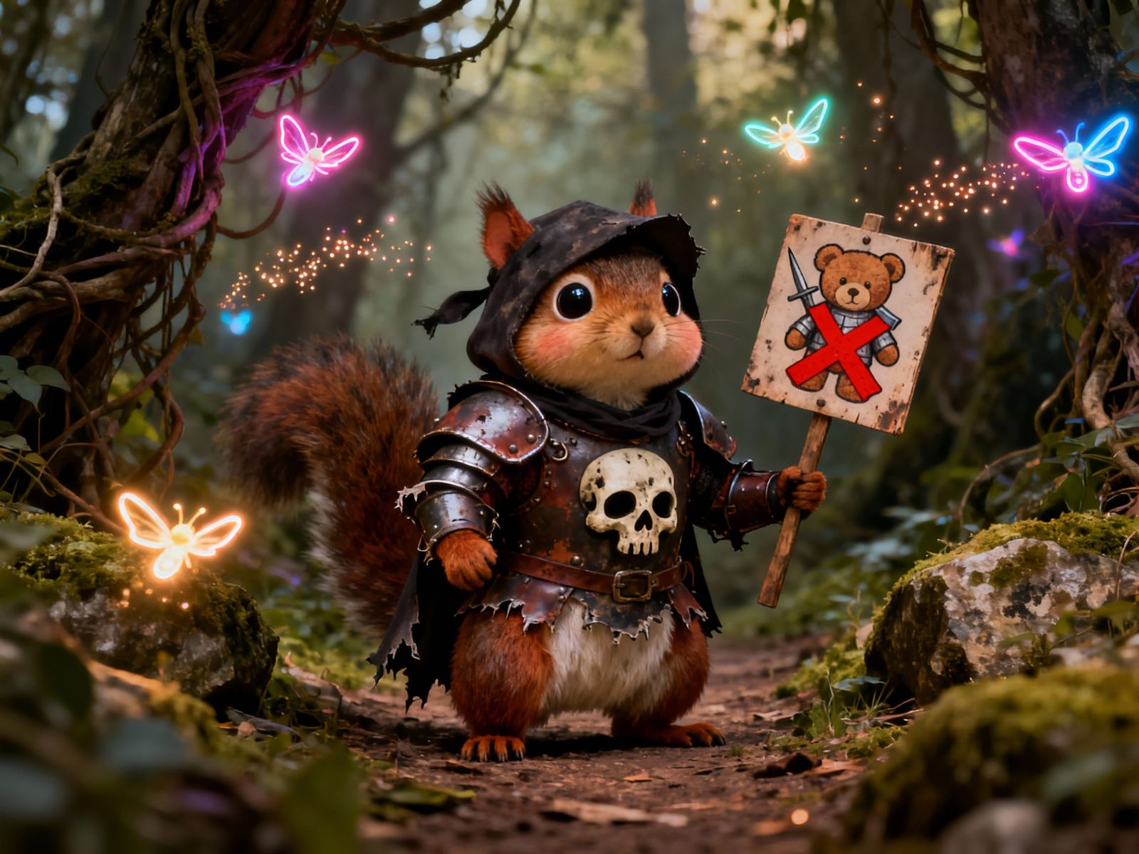 Cute Squirrel Thief in Armor Blocks Forest Trail