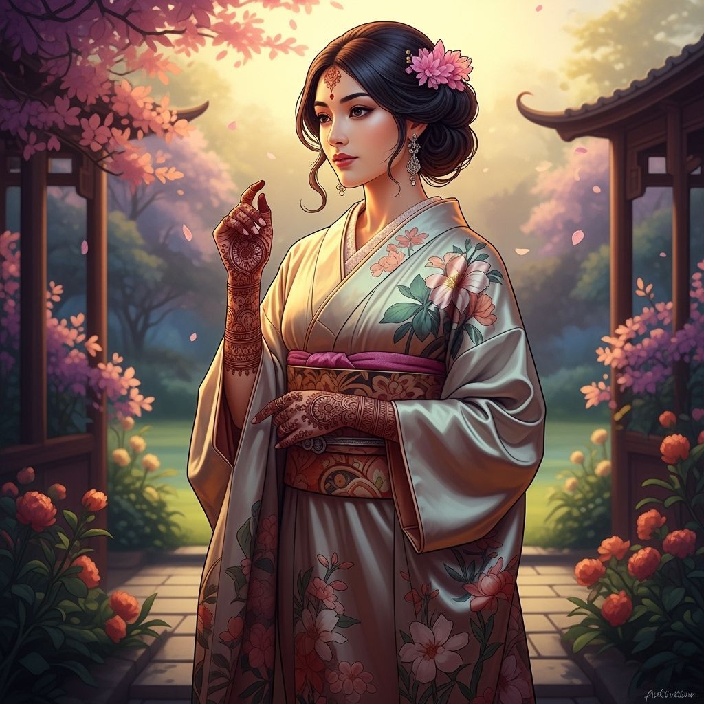 Hindu Woman in Silk Kimono, Golden Hour Garden
