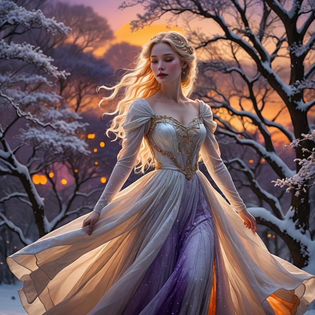 Elegant Lady in Flowing Gown at Sunset