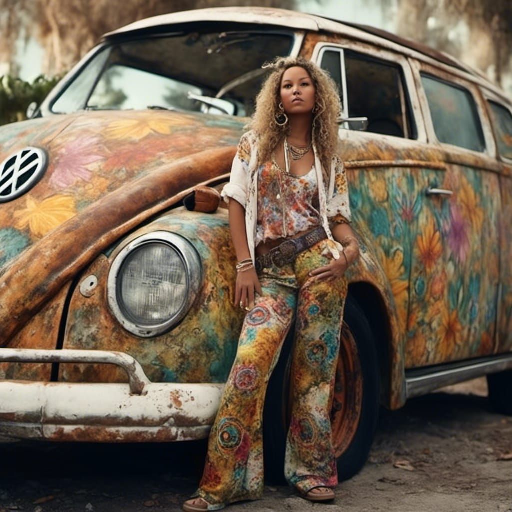 Hippie Woman Smoking Cigar by VW Bug