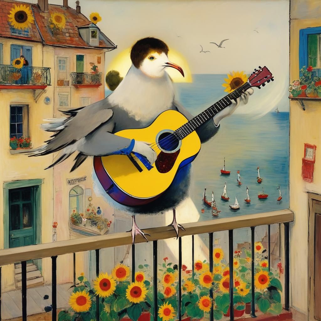 Seagull, Sunflower, Guitarist: Dreamlike Scene