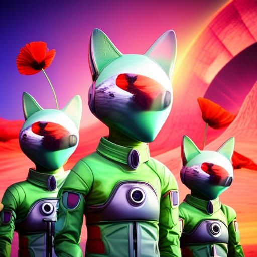 Green Cat Aliens Party on Mars in 3D Digital Art