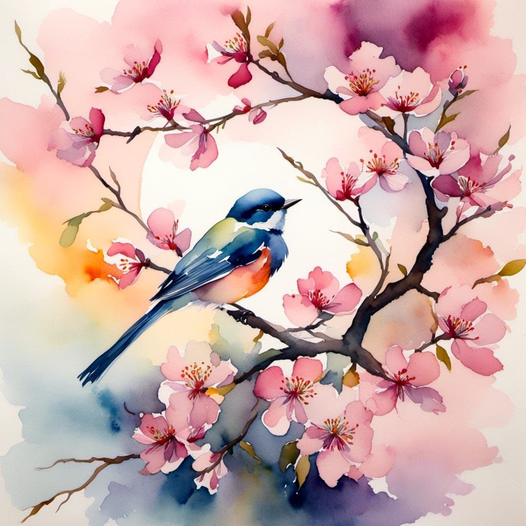 Double Exposure Blossom Bird Tree in Watercolor Style