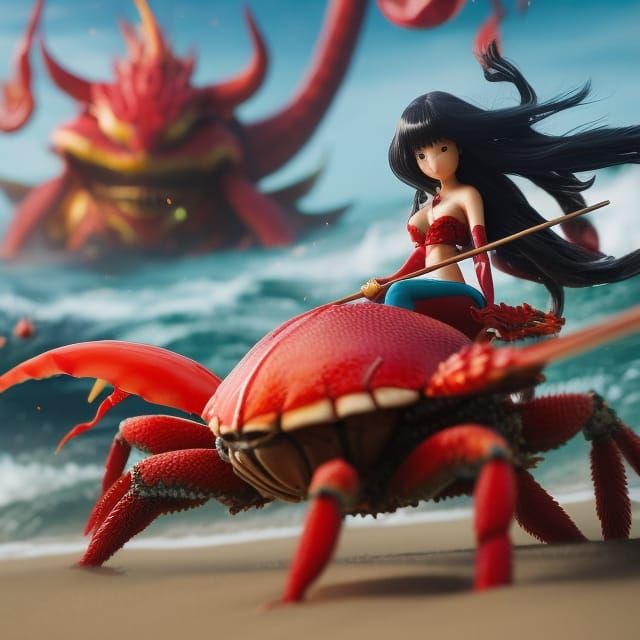 Mermaid Warrior Rides Giant Crab: Ghibli-Inspired Anime