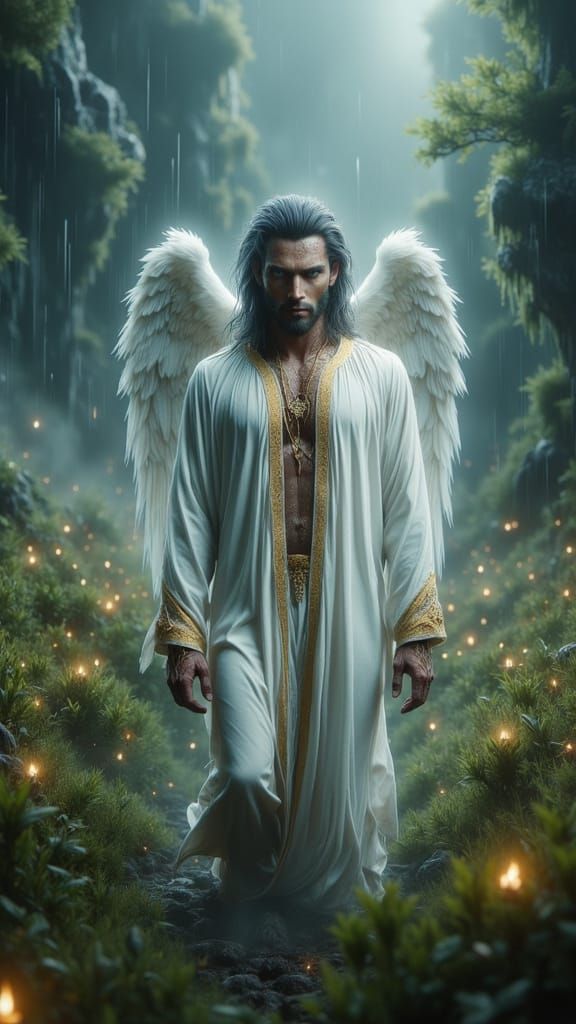 Ethereal Angel Walks Through Rainy Field with Golden Embroid...