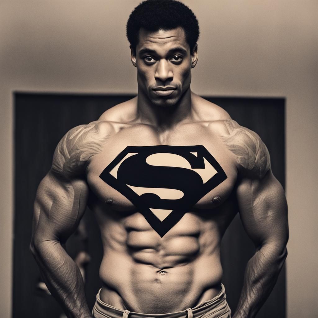 Bodybuilder with Superman Tattoo in Documentary Style