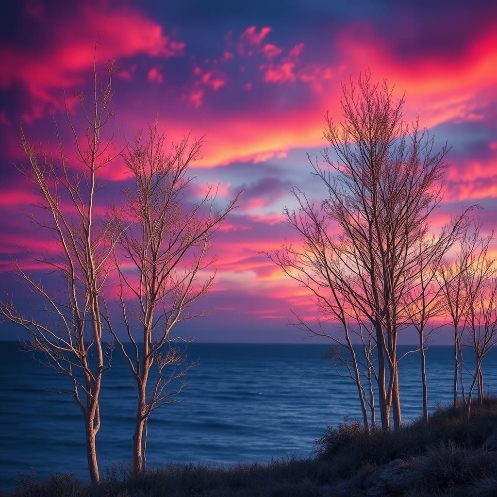 Ethereal Trees Silhouetted Against a Dreamlike Sky