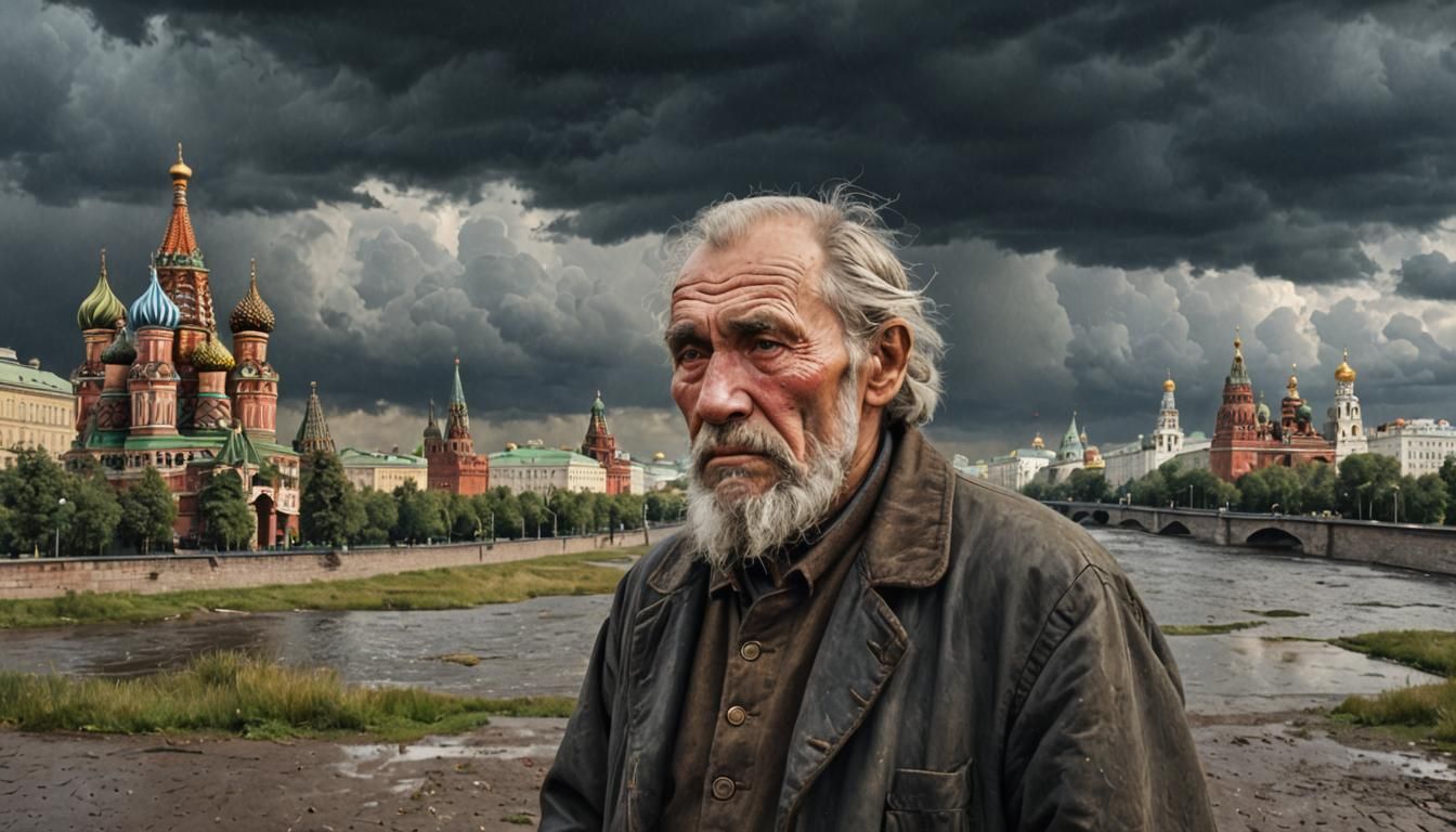 Hyperrealistic Portrait of Russian Peasant with Moscow Backd...