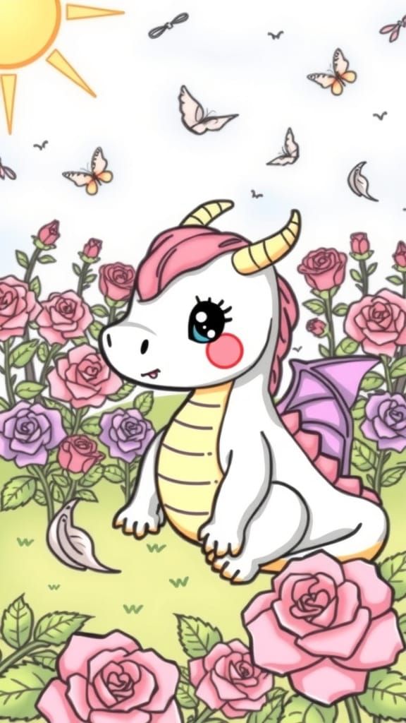 Kawaii Dragon Relaxing in Rose Garden Coloring Page