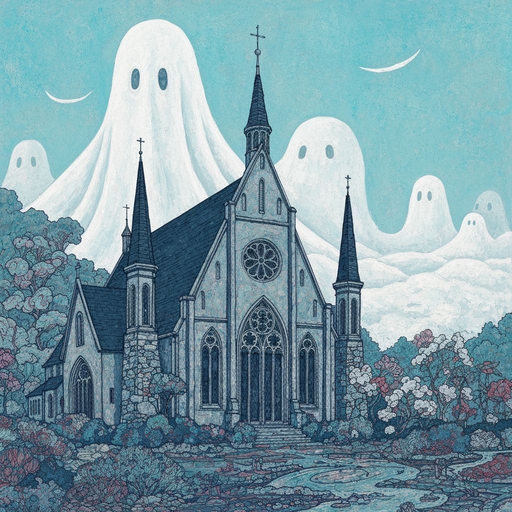 Ghostly Church in Sumi-e Style with Aurora Borealis