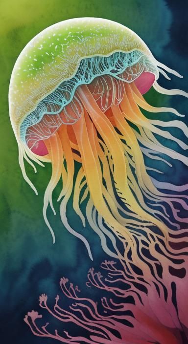 Abstract Watercolor Fungiform Jellyfish in Forest