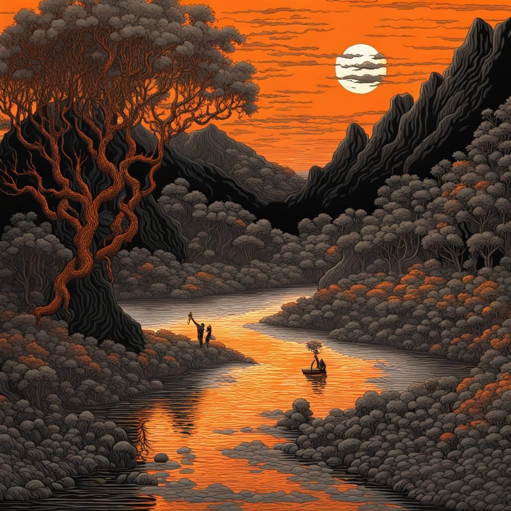 Sinister River Landscape in Graphic Novel Style
