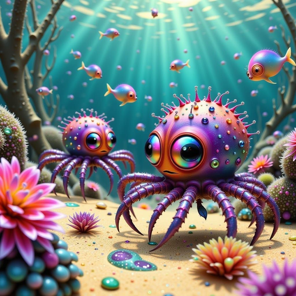 Whimsical Spider-Octopi Play in Vibrant Australian Beach Sce...