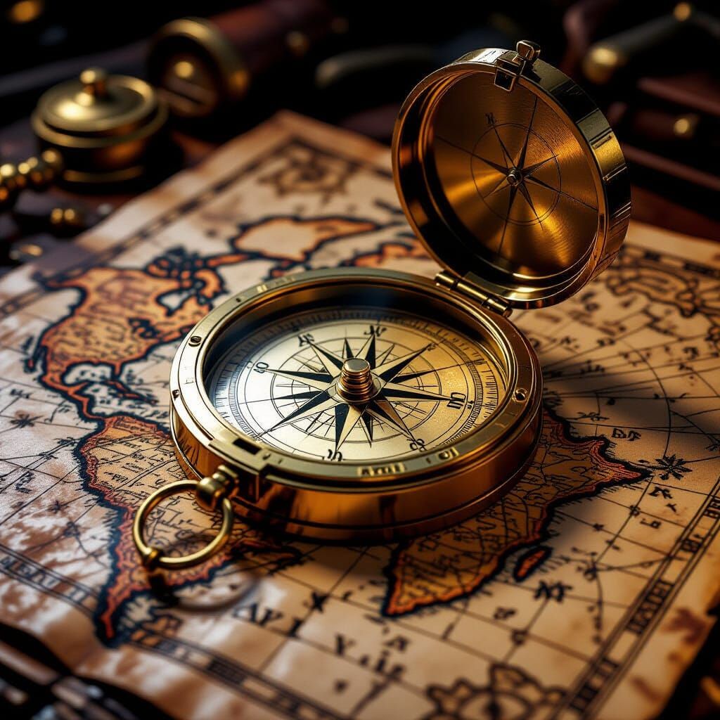 Gleaming Brass Compass on Fantasy Map