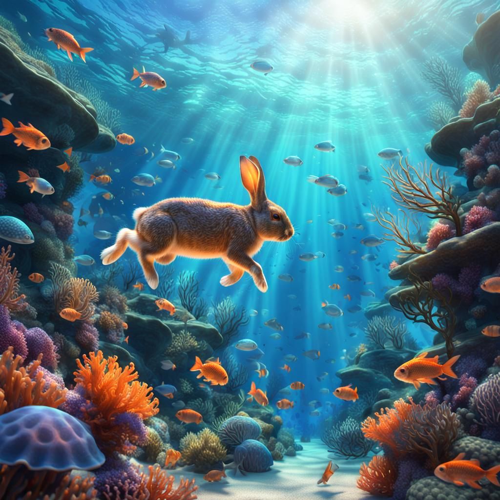 Underwater Rabbit in Bioluminescent Coral Reef