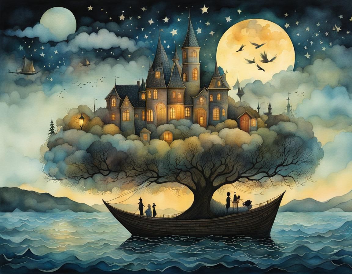 Twilight Bay: Whimsical Ink and Watercolor Illustration