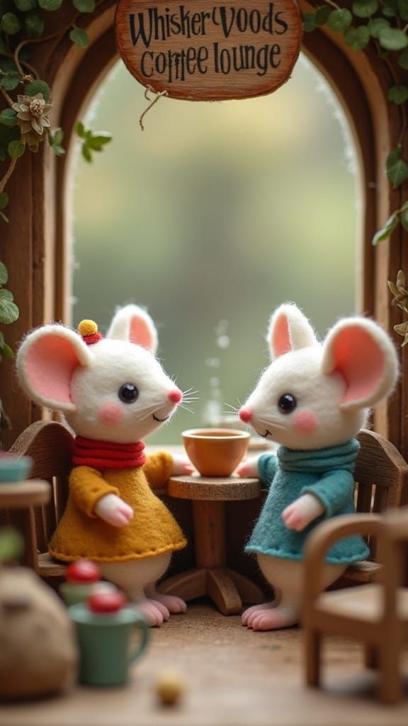 Felt Mice in Cozy Coffee Shop: Folk Art Style