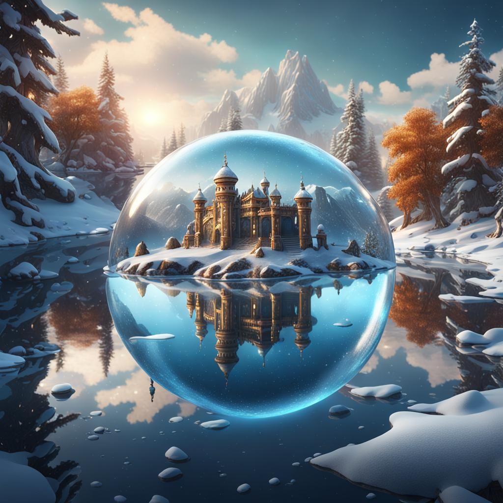 Fantastical Snow Globe Castle Reflected in Lake