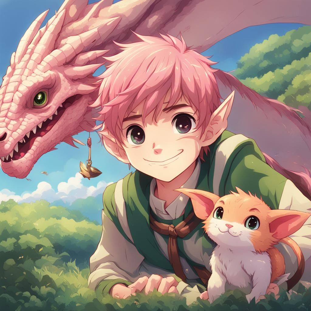 Happy Elf and Dragon in Anime Style