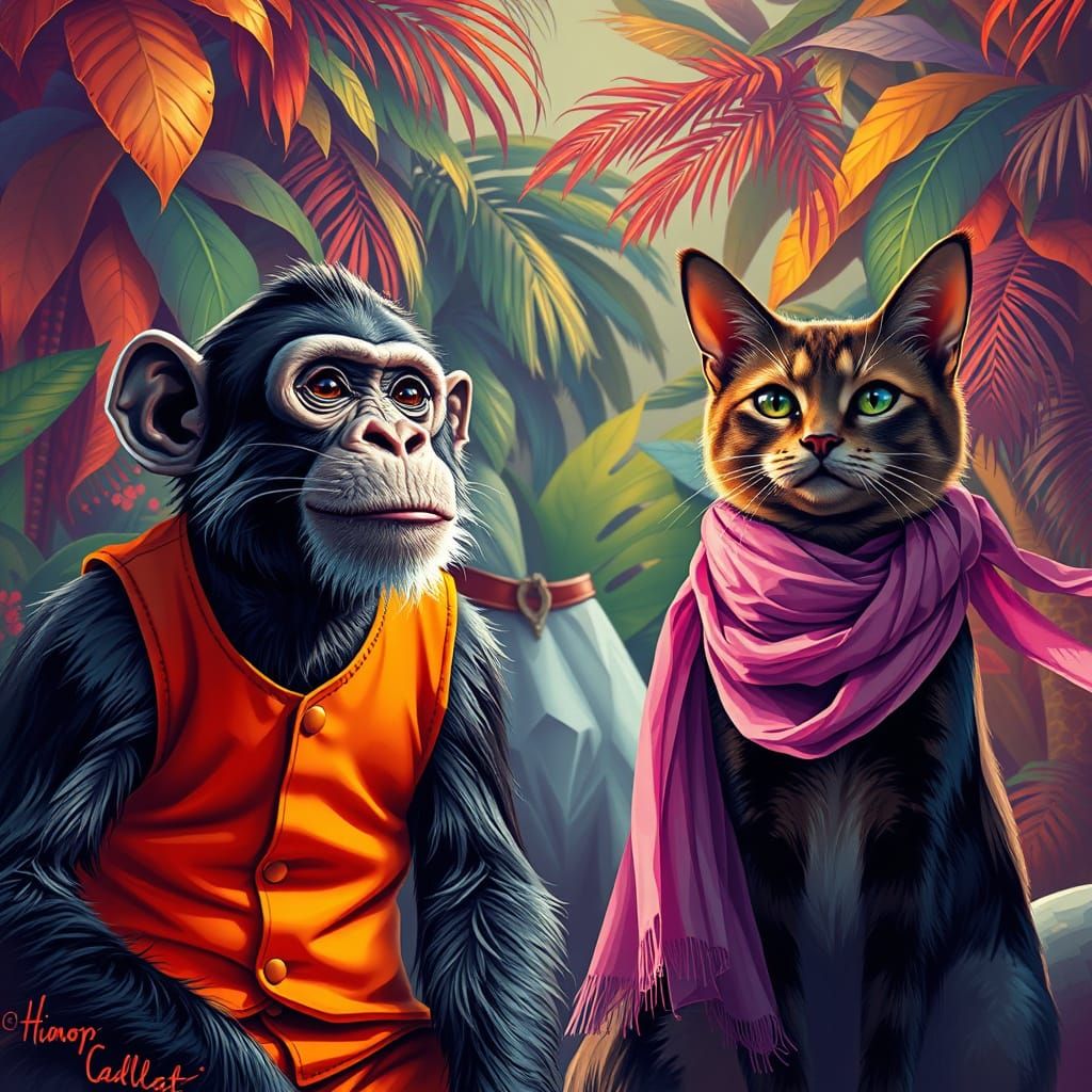 Monkey, Dog, and Cat in Jungle Room, Hyperrealistic Art