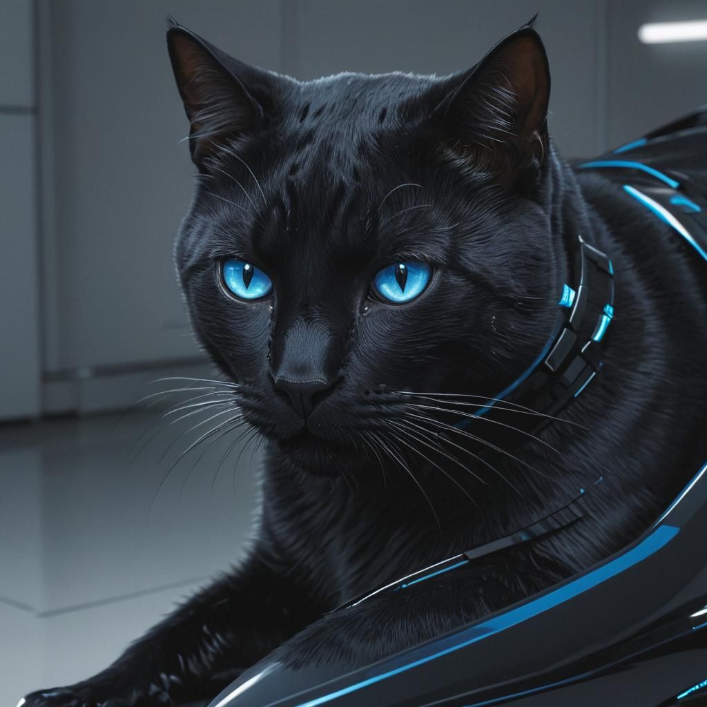Robotic Black Cat Hybrid in Futuristic Showroom