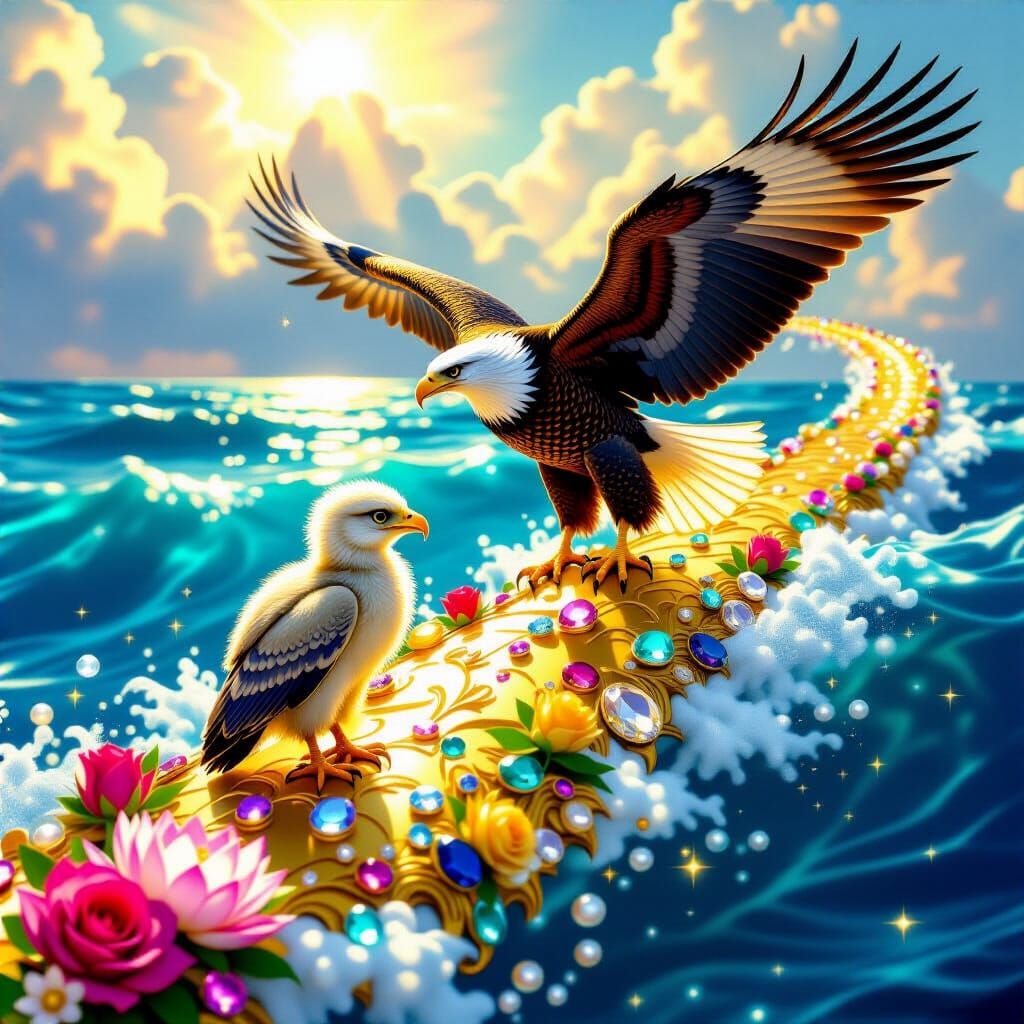 Majestic Eagles Soar on Gemstone Path Over Indigo Ocean