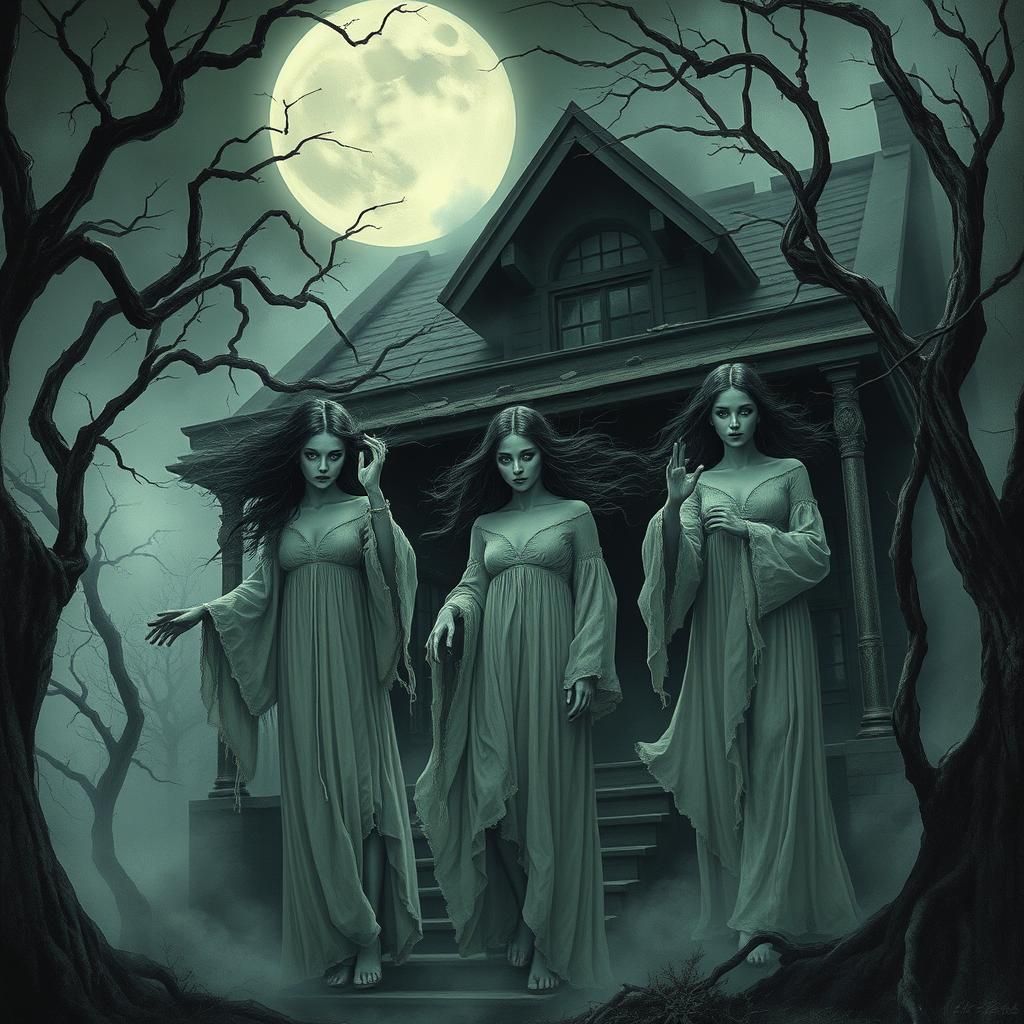 Ethereal Ghosts Beckon from Haunted Mansion in Gouache Style