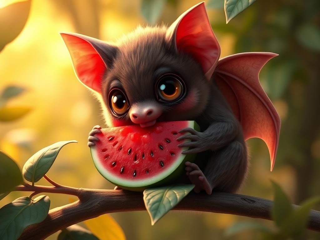 Chubby Bat Nibbling Watermelon in 3D Anime Art