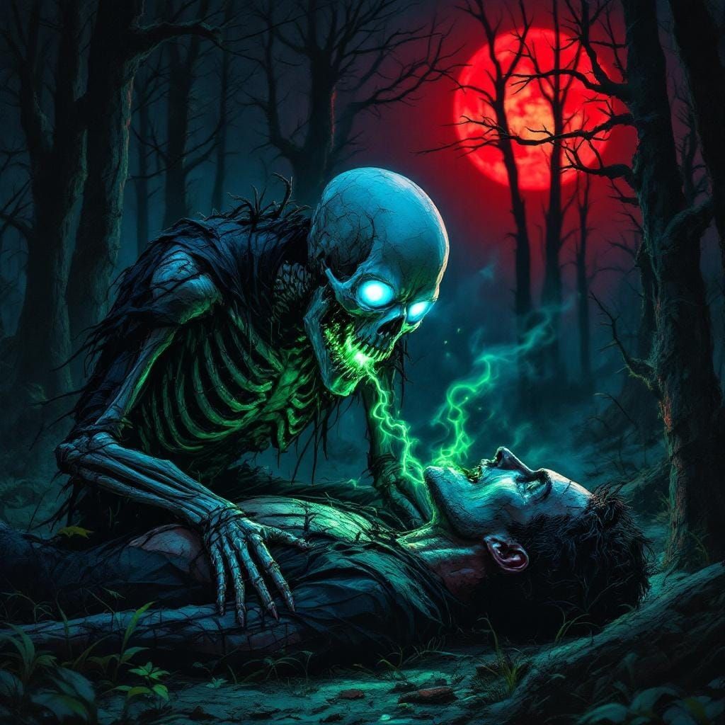 Skeleton Siphoning Soul in Dark Forest