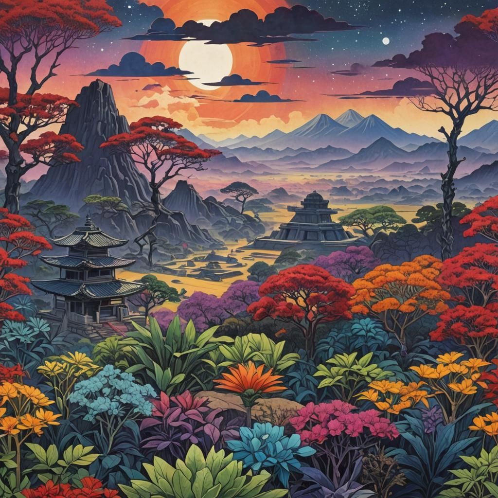 Astral Savannah: Shin Hanga Style Alien Landscape
