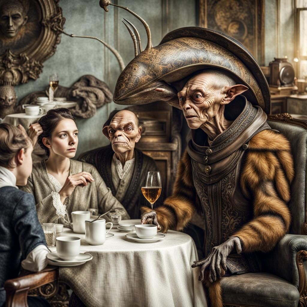 Surreal Alien Restaurant Celebration in Hyperreal Detail