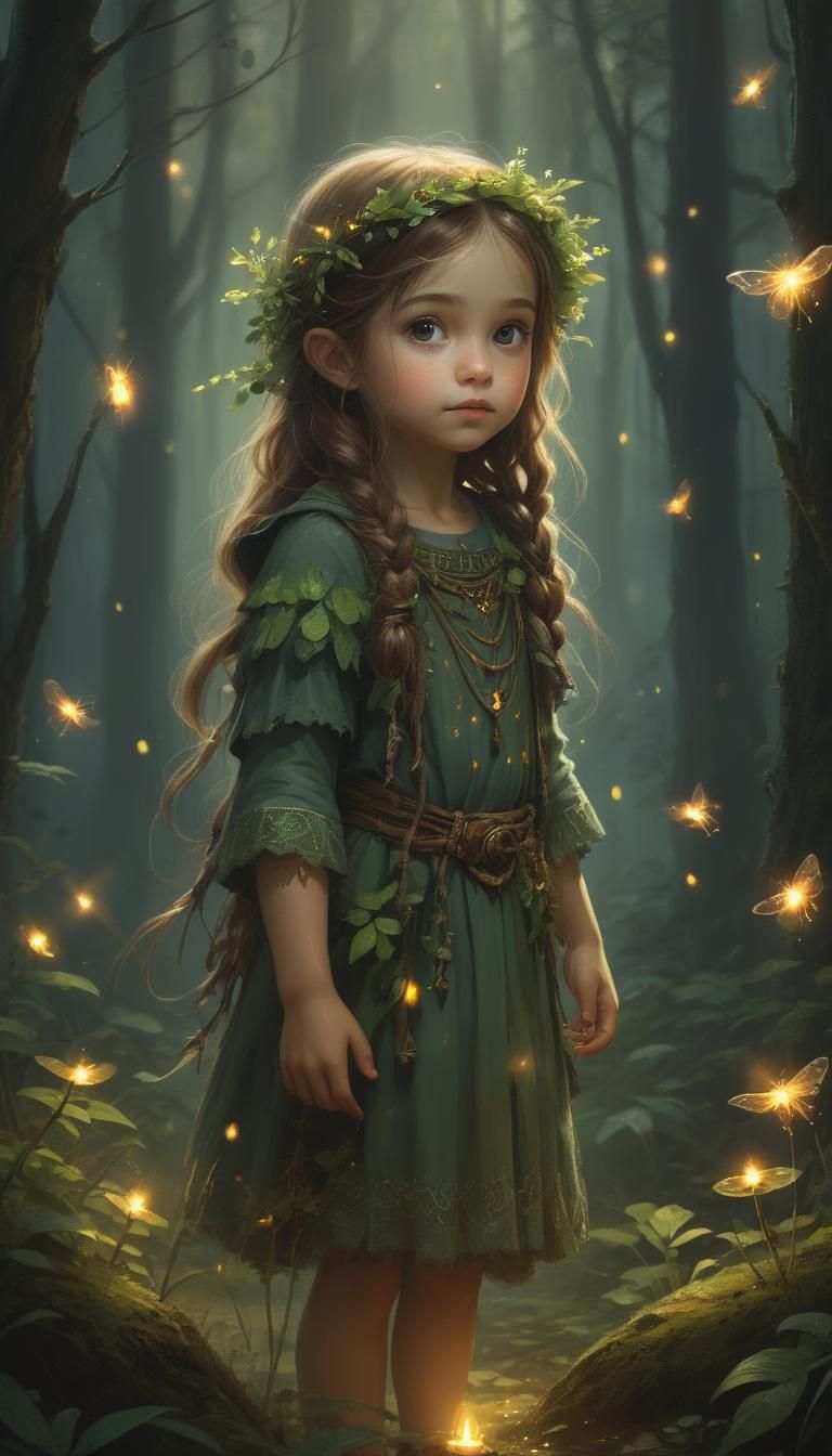 Little girl forest druid, digital painting, enchanted forest, glowing fireflies, mystical atmosphere, high quality, deta...
