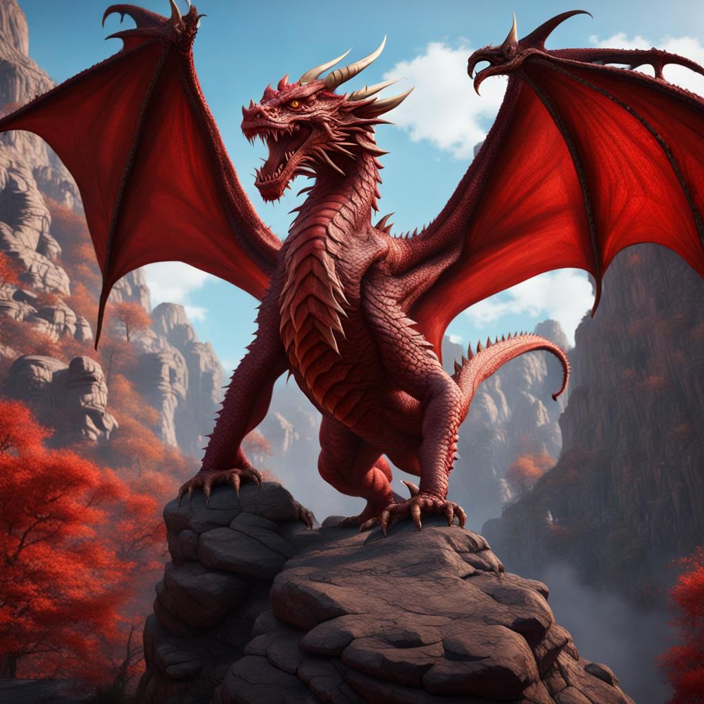 Giant Red Dragon Roaring on Cliffs: Detailed Matte Painting