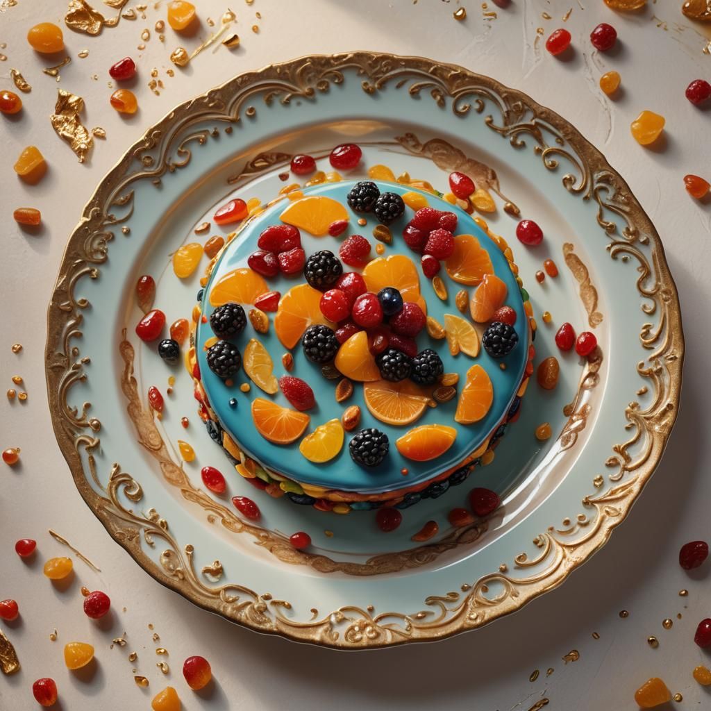 Hyperrealistic Cake with Dried Fruits on Porcelain