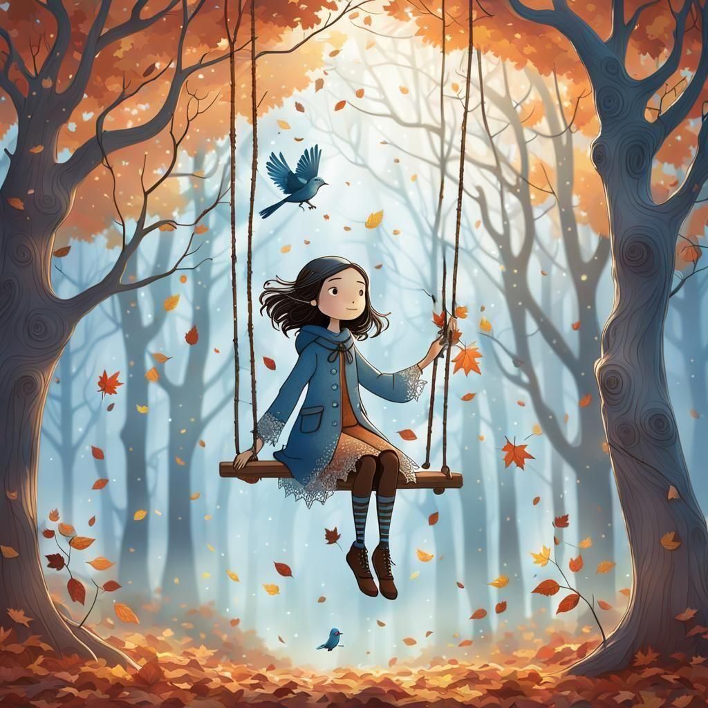 Fantastical Autumn Scene in Muted Hues with a Young Stick Gi...