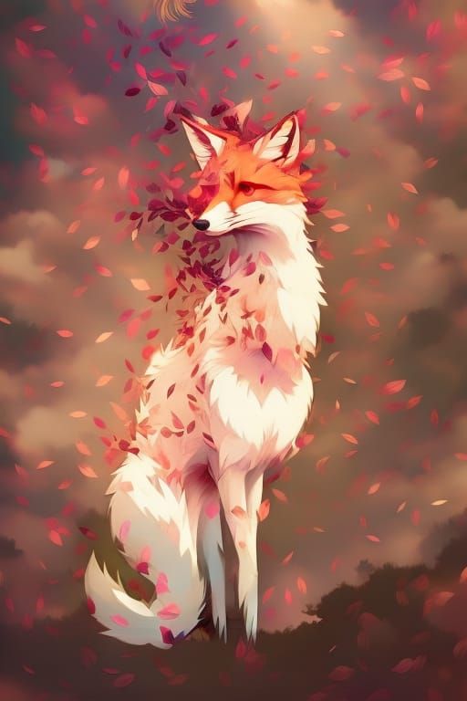 Leafy Fox Blowing Petals in Autumnal Sunset
