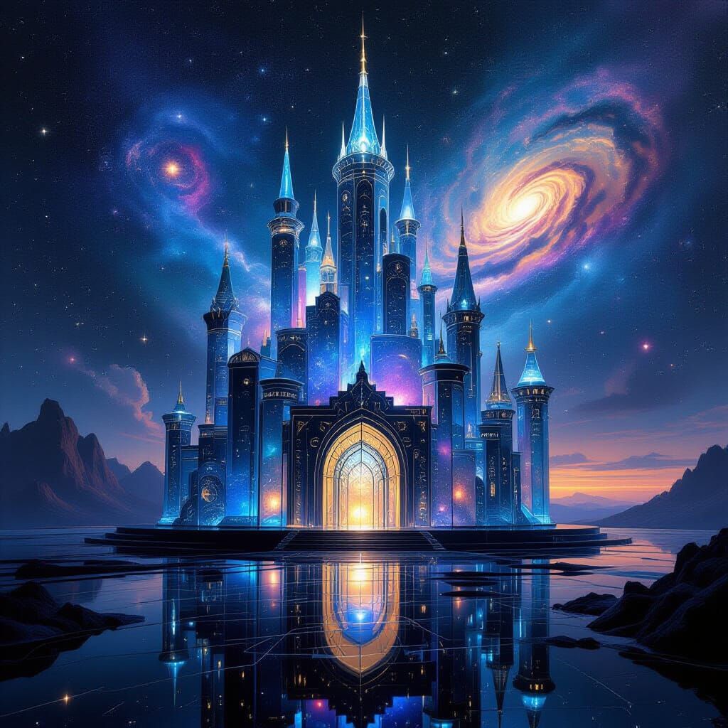 Cosmic Glass Castle in Surrealist Style