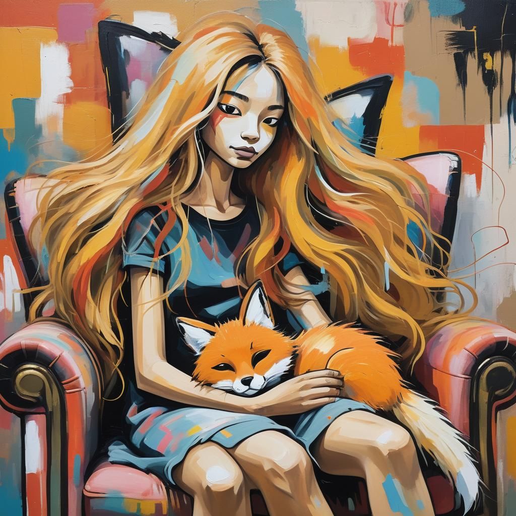 Girl with Cat in Basquiat-Inspired Street Art