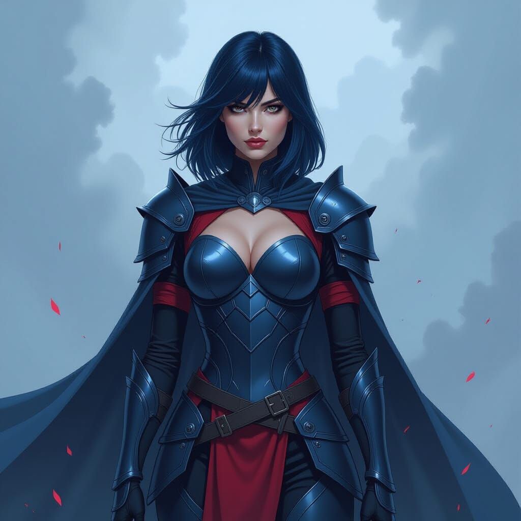 Female Warrior in Futuristic Armor, Stormy Background