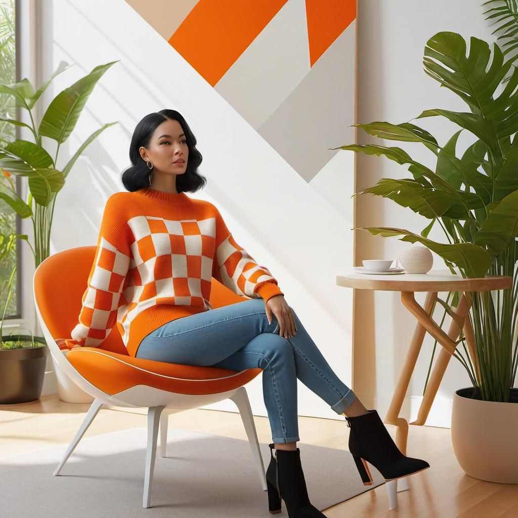 Checkered Sweater Portrait in Warm Orange and White
