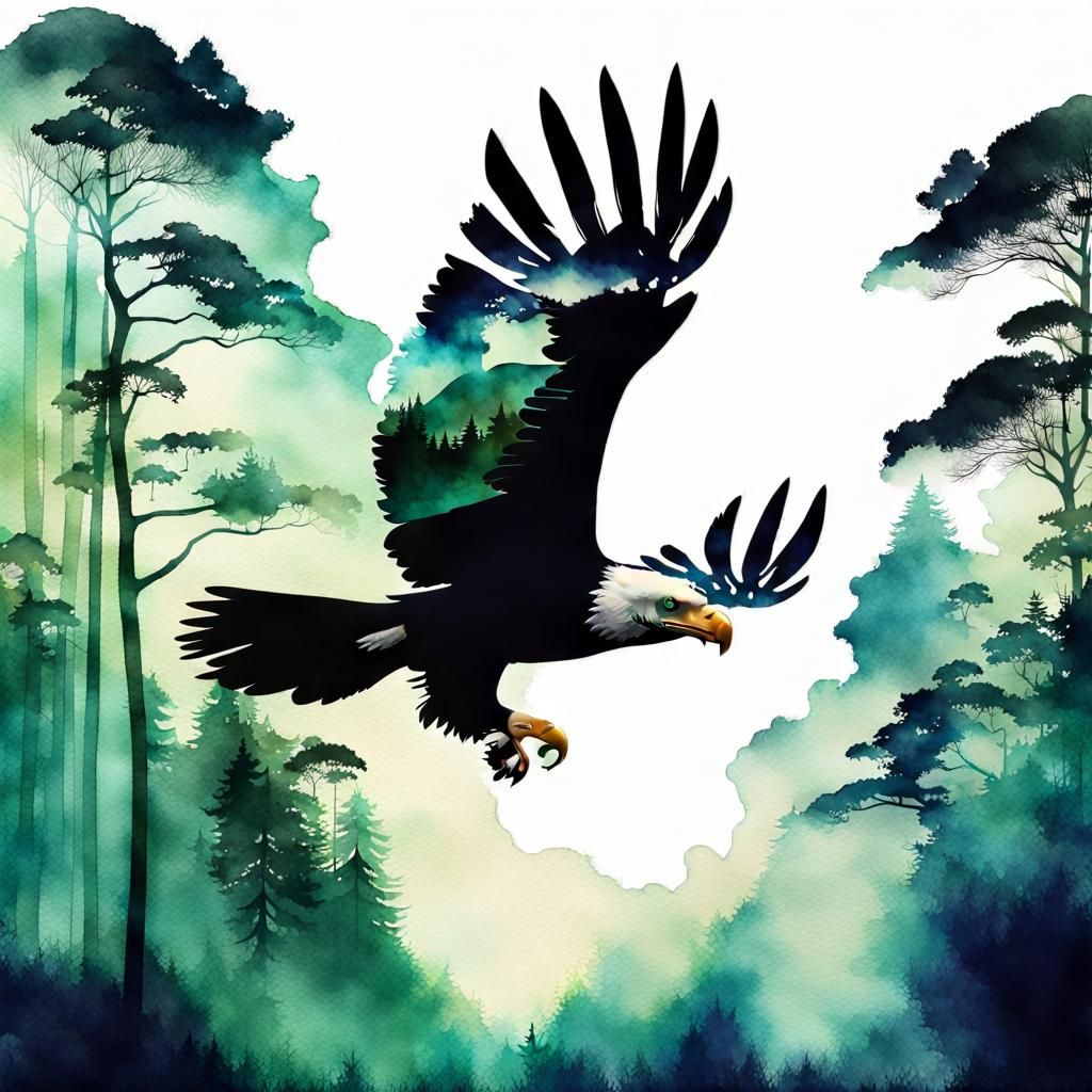 Rainforest Eagle Double Exposure Watercolor Art