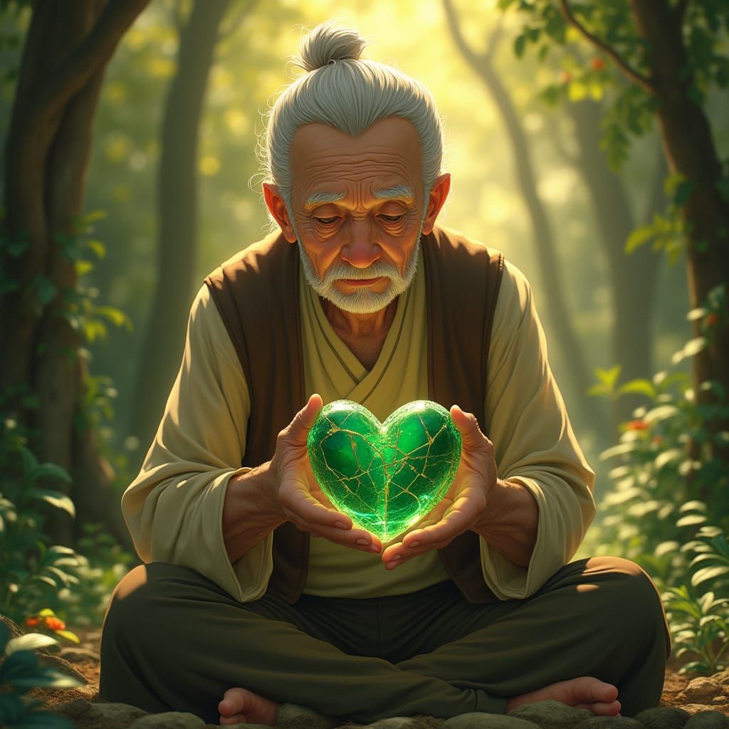 Elderly Gentleman Mends Emerald Heart with Golden Kintsugi i...