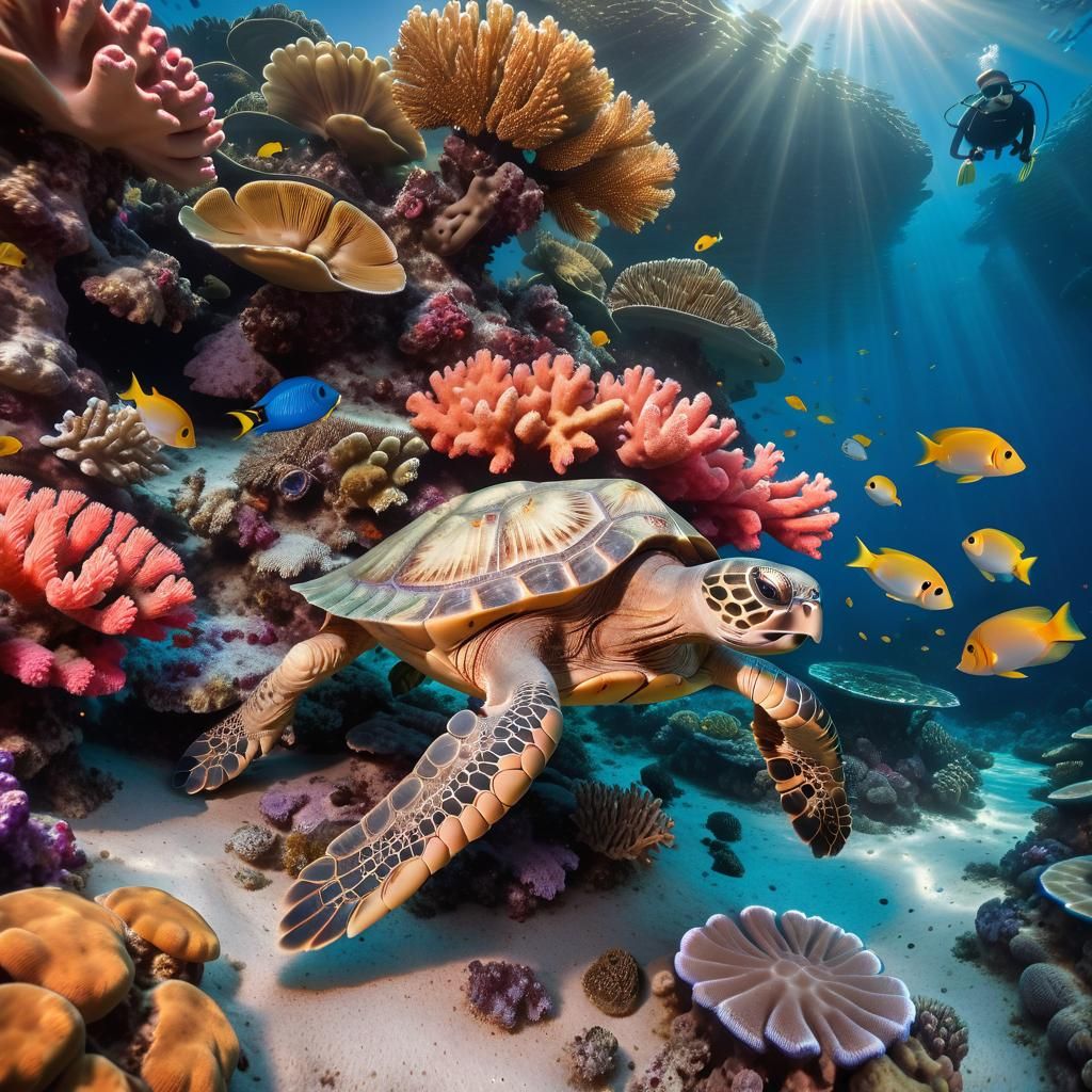 Vibrant Coral Reef with Tortoise in Natural Light