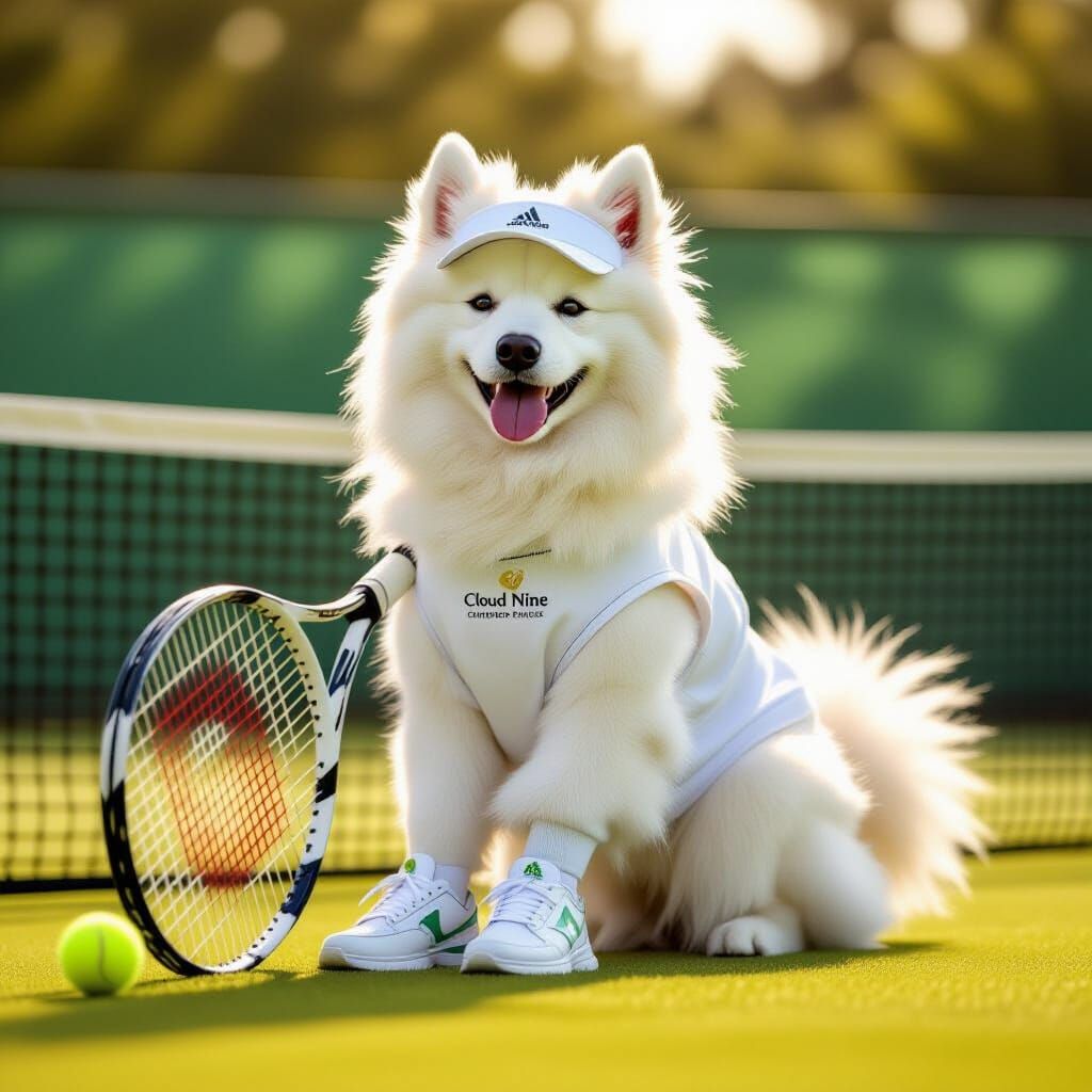 Samoyed Dog in Tennis Outfit, Whimsical Digital Art