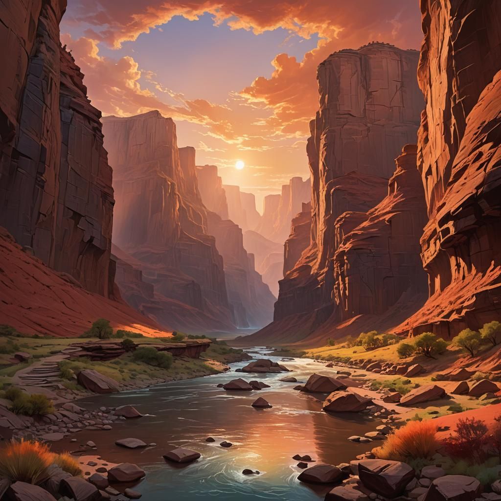 Majestic Canyon River Under Orange Sky