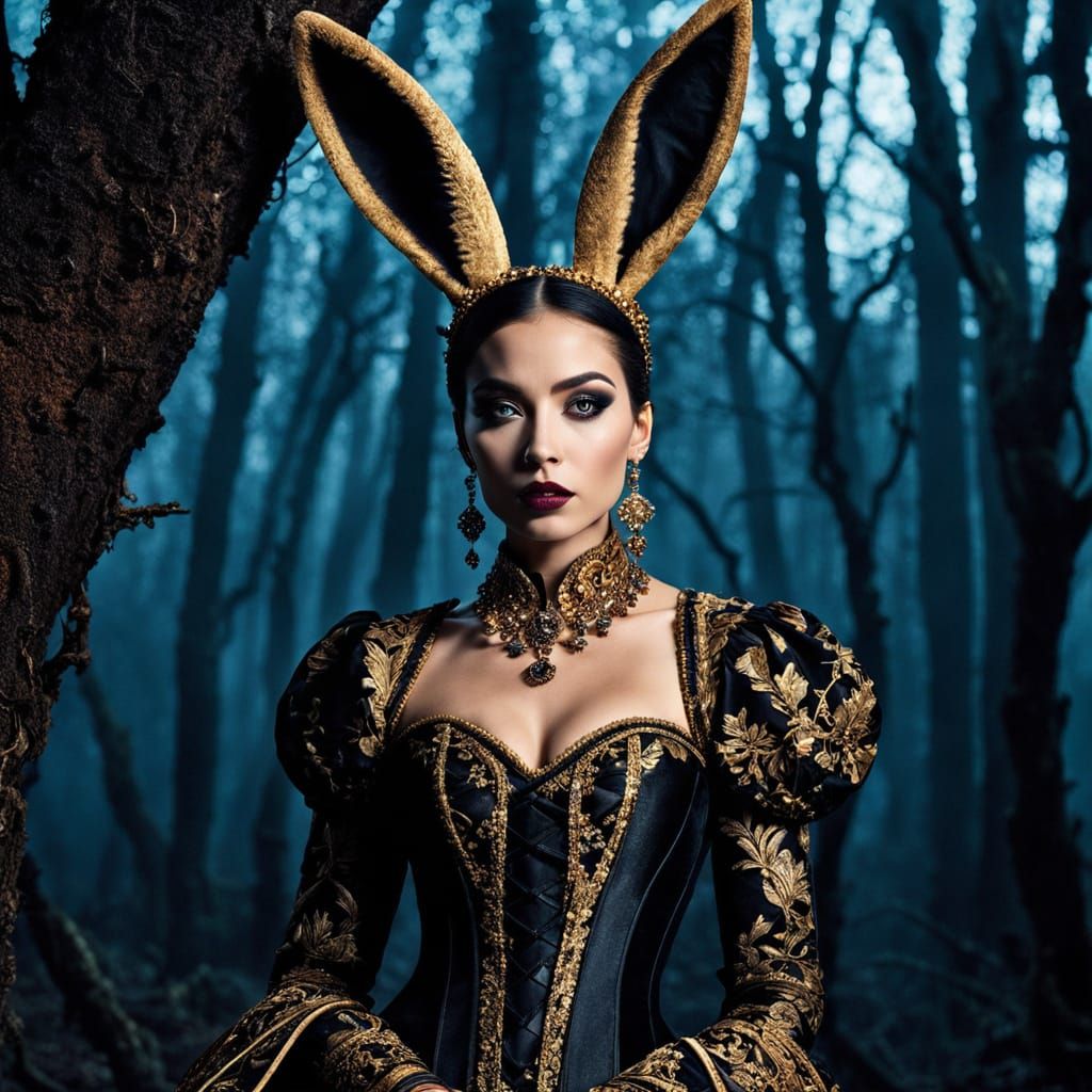 Sultry Easter Bunny in Baroque Dress Delivers Eggs in Moonli...