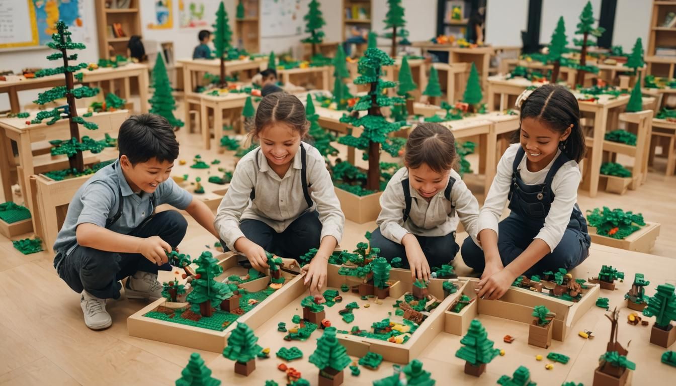 Happy Kids Building Lego Forest in Classroom