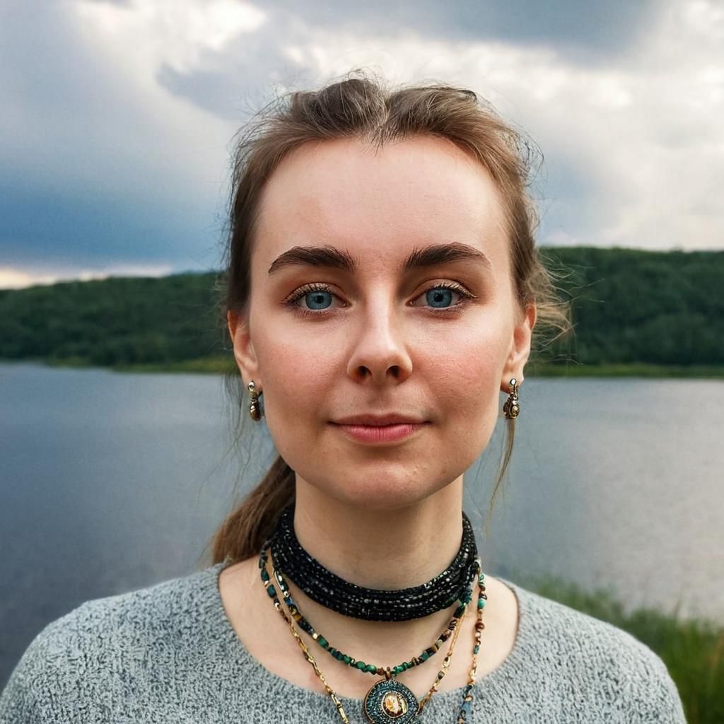 Slavic Woman in Lake Landscape, Elegant Clothing