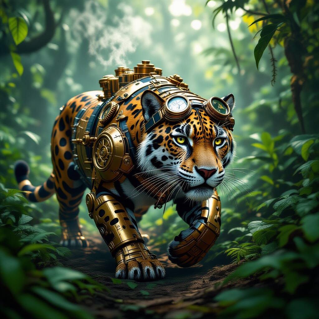 Steampunk Jaguar in Overgrown Jungle